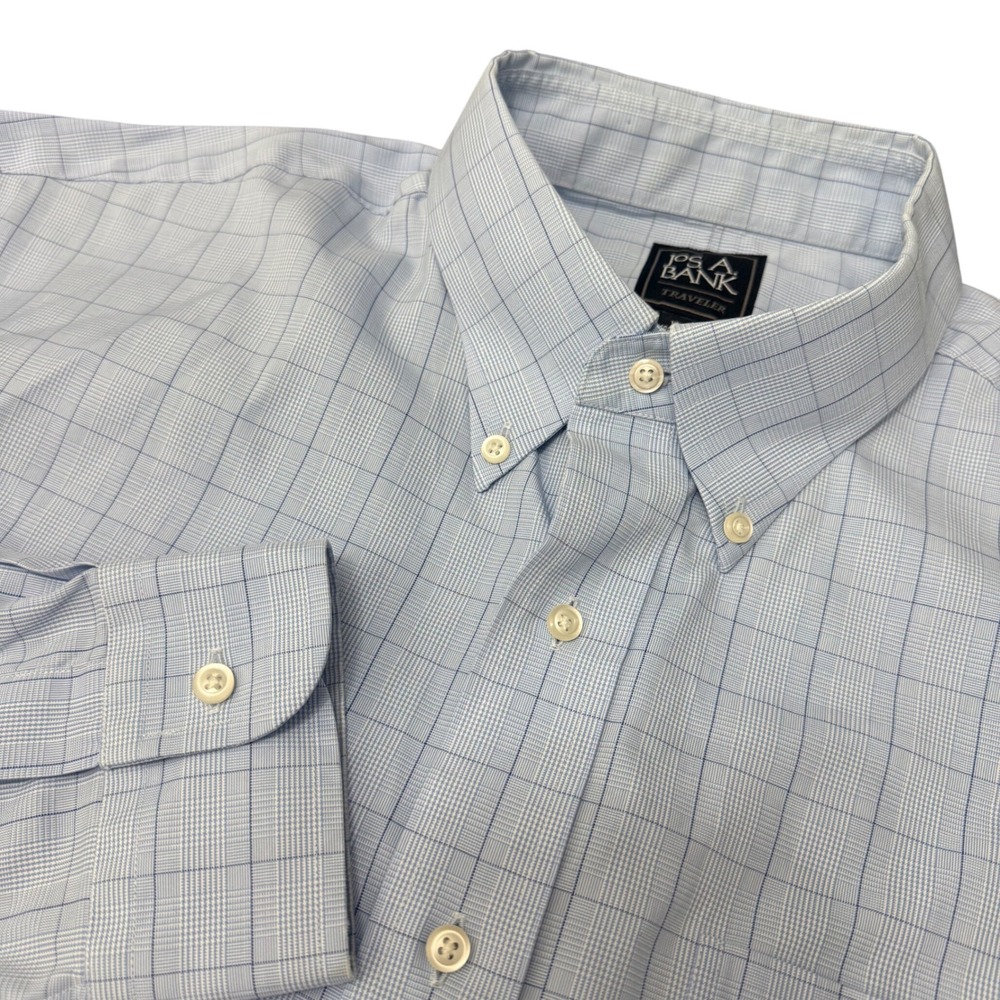 Jos. A. Bank Traveler Shirt Mens 17.5 36 Blue Glen Plaid Cotton Button Down